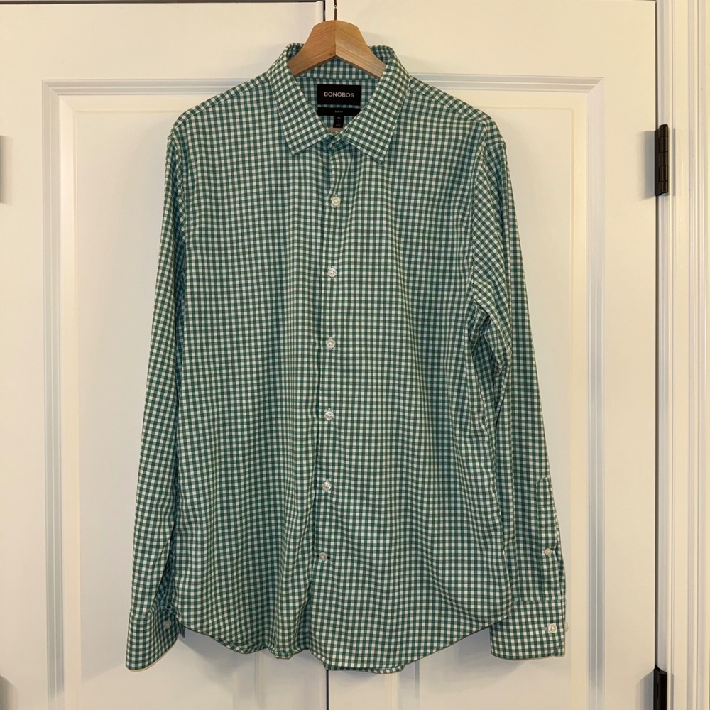 Bonobos Men's L Slim Fit Button‎ Down Long Sleeve Green Gingham Check Shirt